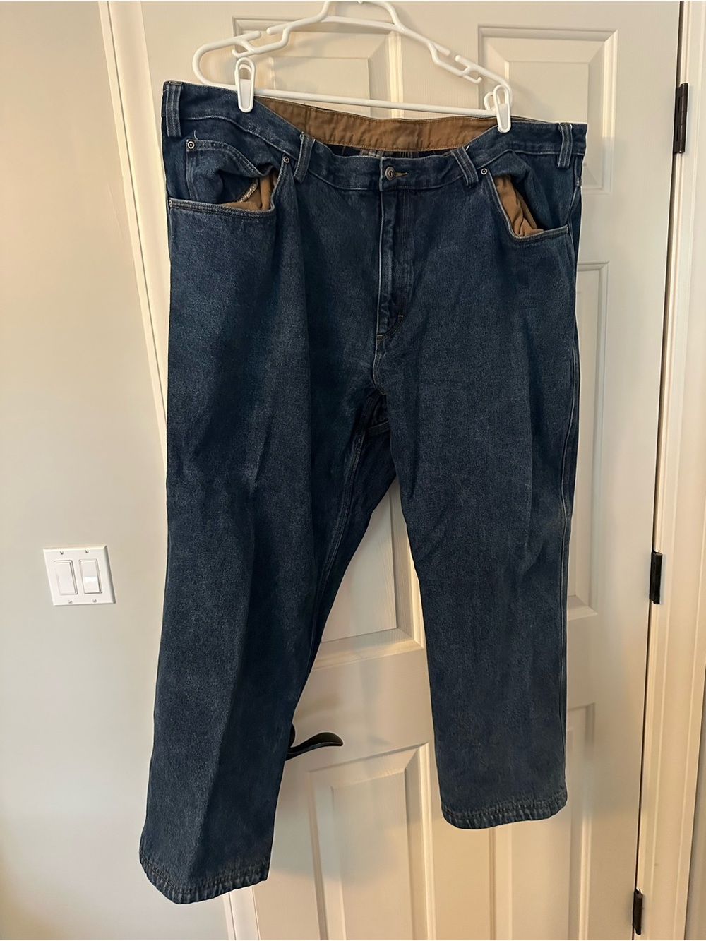Duluth Trading Co Dark Blue Relaxed Carpenter Jeans with Brown Pocket Lining
